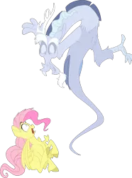 Size: 2023x2717 | Tagged: safe, artist:eveeka, derpibooru import, discord, fluttershy, draconequus, ghost, pegasus, pony, undead, cartoon physics, duo, female, heart, heart attack, image, male, open mouth, png, scared, simple background, transparent background