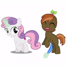 Size: 512x512 | Tagged: safe, artist:princessdestiny200i, derpibooru import, button mash, sweetie belle, earth pony, pony, unicorn, blank flank, colt, feather, female, filly, glowing horn, grin, hat, horn, image, jpeg, laughing, levitation, magic, magic aura, male, open mouth, propeller hat, raised hoof, shipping, simple background, smiling, straight, sweetie belle's magic brings a great big smile, sweetiemash, telekinesis, tickle torture, tickling, white background