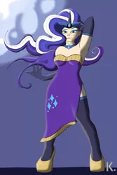 Size: 2000x3000 | Tagged: safe, alternate version, artist:grayk, derpibooru import, part of a set, nightmare rarity, human, arm behind head, breasts, busty nightmare rarity, choker, clothes, colored, cutie mark, cutie mark on clothes, derpibooru exclusive, dress, evening gloves, female, gloves, high heels, humanized, image, long gloves, looking at you, looking down, makeup, moon, part of a series, png, shoes, side slit, slit eyes, smug, socks, standing, thigh highs