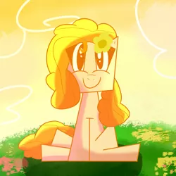 Size: 2000x2000 | Tagged: safe, artist:captdraws, derpibooru import, pear butter, earth pony, pony, cubism, cute, field, flower, flower in hair, image, modern art, pearabetes, png, sitting, solo