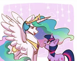 Size: 1280x1024 | Tagged: safe, artist:colorfulcolor233, derpibooru import, princess celestia, twilight sparkle, alicorn, pony, unicorn, chest fluff, crown, cute, cutelestia, duo, female, horn, image, jewelry, jpeg, looking at each other, mare, open mouth, profile, regalia, simple background, spread wings, twiabetes, unicorn twilight, wings