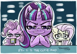 Size: 2016x1410 | Tagged: safe, artist:babtyu, derpibooru import, fluttershy, pinkie pie, starlight glimmer, earth pony, pegasus, pony, unicorn, the cutie map, book, evil grin, female, grin, hooves together, image, jpeg, looking at you, mare, mouth hold, s5 starlight, smiling, sweat, wavy mouth