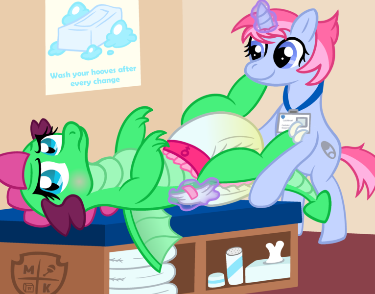 Size: 2500x1958 | Tagged: questionable, artist:sweetielover, derpibooru import, oc, oc:goldigony, dragon, unicorn, blushing, caretaker, changing table, diaper, diaper change, diaper fetish, fetish, image, magic, magic aura, png, poofy diaper, standing, urine, wet diaper