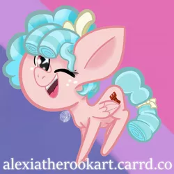 Size: 1280x1280 | Tagged: safe, artist:alexiatherook, banned from derpibooru, deleted from derpibooru, derpibooru import, cozy glow, pegasus, pony, chibi, commission, cozybetes, cute, female, filly, image, jpeg, looking at you, one eye closed, open mouth, smiling, solo, wink, winking at you, ych comission, ych result, your character here