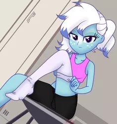 Size: 1864x1976 | Tagged: safe, artist:charliexe, artist:laaaaara, derpibooru import, oc, oc:freezing blizzard, equestria girls, annoyed, base used, blue eyes, changing clothes, clothes, compression shorts, equestria girls-ified, freckles, getting dressed, highlights, image, locker room, looking at you, multicolored hair, png, sexy, shorts, socks, solo, sports bra, stocking feet, thigh highs, tomboy