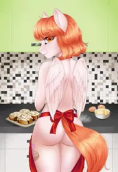Size: 883x1280 | Tagged: suggestive, artist:winnigrette, derpibooru import, oc, unofficial characters only, anthro, pegasus, apron, ass, blushing, breasts, butt, cinnamon bun, clothes, commission, cutie mark, digital art, female, food, image, jpeg, looking at you, looking back, looking back at you, naked apron, rear view, smiling, smiling at you, solo, solo female, tail, thighs, wide hips, wings, ych result