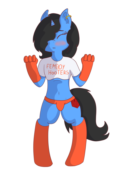 Size: 3120x4160 | Tagged: suggestive, artist:shypuppy, derpibooru import, anthro, semi-anthro, unguligrade anthro, unicorn, bipedal, blushing, chibi, crossdressing, crotch bulge, digital art, femboy, femboy hooters, image, male, piercing, png, simple background, solo, transparent background