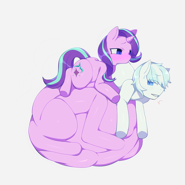 Size: 2000x2000 | Tagged: questionable, artist:crybleat, derpibooru import, double diamond, starlight glimmer, earth pony, pony, unicorn, belly, belly bed, big belly, blushing, colored hooves, duo, endosoma, female, huge belly, image, impossibly large belly, male, mare, multiple prey, non-fatal vore, png, simple background, stallion, stomach bulges, tight bulge, vore, vorelight glimmer, white background