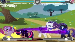 Size: 1280x720 | Tagged: safe, derpibooru import, nightmare rarity, pinkie pie, rarity, twilight sparkle, fighting is magic, dark magic, evil, eyes closed, floating, game, gemstones, image, jpeg, knife, magic, mugen, nightmare twilight, nightmarified, pinkamena diane pie, screaming, super saiyan, thumbnail, white eyes