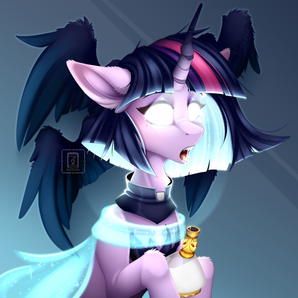 Size: 2160x2160 | Tagged: safe, artist:buvanybu, derpibooru import, twilight sparkle, pony, alternate design, alternate hairstyle, crooked horn, flashback potion, floppy ears, four wings, glowing eyes, head wings, horn, image, jpeg, multiple wings, open mouth, potion, short mane, solo, watermark, white eyes, wings