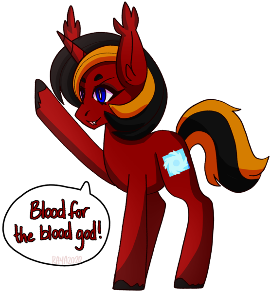 Size: 1869x2015 | Tagged: safe, artist:raya, derpibooru import, oc, oc:red flame, bat pony, pony, unicorn, blood for the blood god, holding hoof up, horn, image, no wing, png, pointed ears, side view, simple background, solo, speech bubble, standing, transparent background, warhammer (game), warhammer 40k, wingless