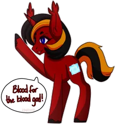 Size: 1869x2015 | Tagged: safe, artist:raya, derpibooru import, oc, oc:red flame, bat pony, pony, unicorn, blood for the blood god, holding hoof up, horn, image, no wing, png, pointed ears, side view, simple background, solo, speech bubble, standing, transparent background, warhammer (game), warhammer 40k, wingless