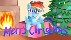 Size: 1280x720 | Tagged: safe, artist:jbond, derpibooru import, rainbow dash, pony, box, christmas, christmas lights, christmas tree, cute, female, filly, filly rainbow dash, fireplace, holiday, image, png, postcard, text, tree, younger