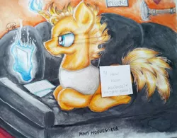 Size: 1024x799 | Tagged: safe, artist:maryhoovesfield, derpibooru import, oc, unofficial characters only, pony, unicorn, couch, glowing horn, horn, image, indoors, jpeg, magic, ponyloaf, signature, sitting, solo, telekinesis, traditional art, unicorn oc