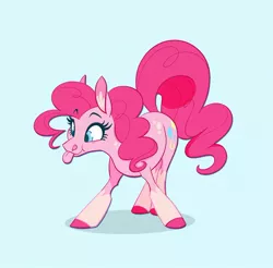 Size: 1200x1181 | Tagged: safe, artist:probablyfakeblonde, derpibooru import, part of a set, pinkie pie, earth pony, pony, :p, alternate design, blue background, colored pupils, cute, diapinkes, ear fluff, female, image, jpeg, mare, ponk, silly, simple background, smiling, solo, tongue out