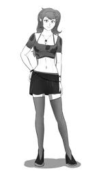 Size: 3250x4961 | Tagged: suggestive, artist:symptom99, derpibooru import, wallflower blush, equestria girls, belly button, black and white, bra, bra strap, breasts, cleavage, clothes, female, grayscale, image, jewelry, legs, looking at you, midriff, miniskirt, monochrome, necklace, png, simple background, skirt, socks, solo, solo female, stockings, thigh highs, underwear, zettai ryouiki