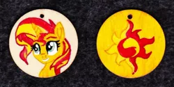 Size: 1024x513 | Tagged: safe, artist:malte279, derpibooru import, sunset shimmer, pony, unicorn, equestria girls, craft, cutie mark, female, image, jewelry, jpeg, pendant, traditional art, wood