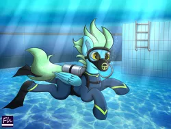 Size: 6000x4500 | Tagged: safe, artist:chrisfhey, derpibooru import, oc, oc:sea glow, pony, air tank, crepuscular rays, ear fluff, flippers, green mane, image, jpeg, respirator, scuba gear, scuba mask, solo, swimming, swimming pool, underwater, wetsuit, yellow eyes