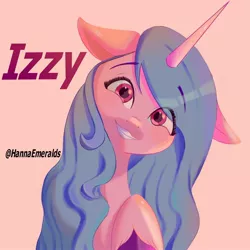 Size: 2048x2048 | Tagged: safe, artist:hannagm15byhan1, derpibooru import, izzy moonbow, pony, unicorn, cute, female, floppy ears, g5, grin, high res, image, izzybetes, jpeg, looking at you, mare, pink background, raised hoof, simple background, smiling, solo, teeth, text, unshorn fetlocks