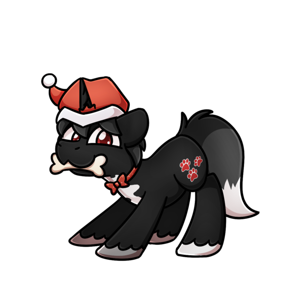Size: 1240x1240 | Tagged: safe, artist:sugar morning, derpibooru import, oc, oc:dog whisperer, unofficial characters only, pony, unicorn, bone, bowtie, christmas, clothes, fluffy tail, hat, holiday, horn, image, looking at you, male, mouth hold, nom, playful, png, red eyes, red pupils, santa hat, simple background, solo, stallion, torn clothes, transparent background, unshorn fetlocks