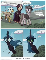 Size: 1200x1552 | Tagged: safe, artist:deusexequus, derpibooru import, queen chrysalis, changeling, changeling queen, earth pony, gryphon, pony, unicorn, comic:fix, arguments on the comments, clothes, comic, discussion in the comments, duckery in the comments, evil grin, female, grin, hat, hiding, image, png, smiling, speech bubble, star wars, sword, tree, weapon
