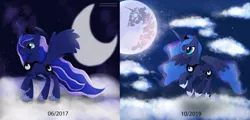 Size: 1024x492 | Tagged: safe, artist:nnaly, derpibooru import, princess luna, alicorn, pony, cloud, comparison, draw this again, ethereal mane, female, image, jpeg, mare, mare in the moon, moon, night, night sky, redraw, sky, solo