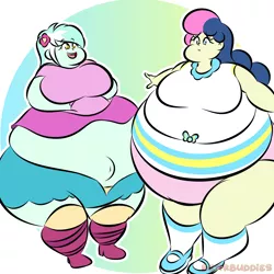 Size: 2000x2000 | Tagged: source needed, suggestive, artist:bearbuddies, derpibooru import, bon bon, lyra heartstrings, sweetie drops, equestria girls, belly button, bon blob, bottom heavy, breasts, clothes, commission, fat, fat boobs, image, lard-ra heartstrings, obese, outie belly button, panties, png, underwear