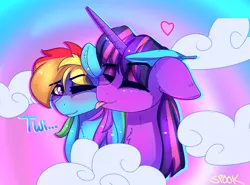 Size: 1800x1335 | Tagged: safe, artist:aaa-its-spook, derpibooru import, rainbow dash, twilight sparkle, twilight sparkle (alicorn), alicorn, pegasus, pony, blushing, cloud, feather, female, image, lesbian, licking, png, shipping, tongue out, twidash