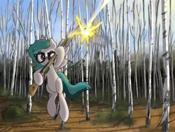 Size: 4000x3000 | Tagged: safe, artist:flaremoon, derpibooru import, oc, oc:hazy breeze, pegasus, pony, birch, female, flying, forest, forest background, gun, high res, hunting, hunting rifle, image, mare, muzzle flash, png, rifle, shooting, solo, tree, weapon, woodlands