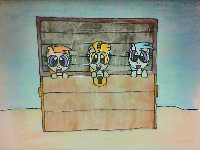 Size: 640x480 | Tagged: safe, artist:mlpsilverstream, derpibooru import, cotton cloudy, dinky hooves, noi, earth pony, pegasus, pony, unicorn, cottonbetes, cute, dinkabetes, female, filly, image, jpeg, noiabetes, room, traditional art, treasure, treasure chest