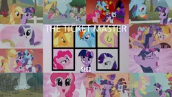 Size: 1960x1103 | Tagged: safe, derpibooru import, edit, edited screencap, editor:quoterific, screencap, angel bunny, applejack, fluttershy, pinkie pie, prince blueblood, rainbow dash, rarity, spike, twilight sparkle, dragon, earth pony, pegasus, pony, unicorn, season 1, the ticket master, female, golden oaks library, image, library, male, mane six, mare, png, rain, stallion, unicorn twilight