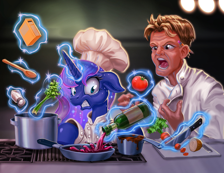 Size: 2400x1857 | Tagged: safe, artist:harwick, derpibooru import, princess luna, alicorn, human, pony, fanfic, celery, chef's hat, commission, duo, duo male and female, fanfic art, fanfic cover, female, food, gordon ramsay, hat, herbivore vs omnivore, human male, image, jpeg, levitation, magic, male, mare, onion, radish, salt, telekinesis, tomato