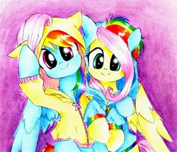 Size: 2572x2212 | Tagged: safe, artist:liaaqila, derpibooru import, fluttershy, rainbow dash, pegasus, pony, clothes, commission, costume, cute, dashabetes, duo, duo female, female, floppy ears, full face view, high res, hoodie, hoof fluff, hug, image, jpeg, kigurumi, liaaqila is trying to murder us, looking at you, mare, pony costume, raised hoof, shyabetes, sitting, smiling, spread wings, traditional art, weapons-grade cute, wings