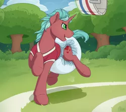 Size: 1666x1484 | Tagged: suggestive, artist:ailoy4, derpibooru import, crimson heart, pony, unicorn, adult foal, buckball, diaper, diaper fetish, fetish, image, male, non-baby in diaper, png, poofy diaper, raised hoof, raised leg, stallion