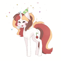 Size: 500x500 | Tagged: safe, artist:bubblegum, derpibooru import, oc, oc:scarlet serenade, unofficial characters only, pony, unicorn, animated, blushing, celebration, confetti, cute, female, gif, happy, hat, image, mare, ocbetes, party, party hat, party horn, solo