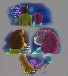 Size: 736x827 | Tagged: safe, artist:theartfox2468, derpibooru import, edit, cheese sandwich, pinkie pie, anthro, earth pony, pony, cheesepie, clothes, comic, cropped, cute, dialogue, facing away, female, fireworks, floating heart, gray background, heart, hidden eyes, holding hands, image, male, mare, night, pinkie finger, png, shipping, shirt, simple background, stallion, stars, straight