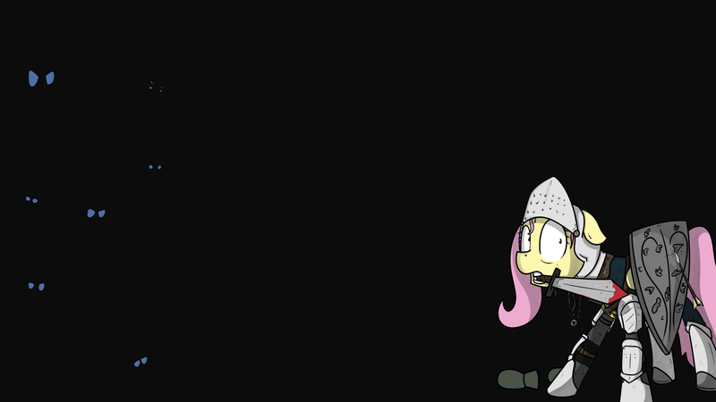 Size: 1920x1080 | Tagged: safe, artist:kippzu, derpibooru import, fluttershy, pegasus, pony, amulet, armor, clothes, dark souls, eyes in the dark, female, floppy ears, image, jewelry, mare, mouth hold, png, scared, shield, solo, sword, wallpaper, weapon, wide eyes