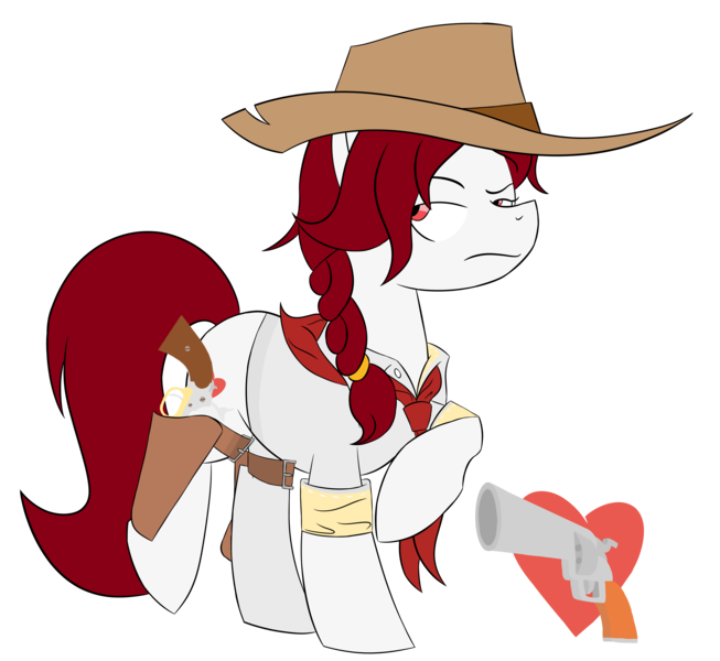 Size: 4350x4000 | Tagged: safe, artist:pencilsparkreignited, derpibooru import, oc, oc:point blank, unofficial characters only, earth pony, pony, braid, button up shirt, clothes, cowboy hat, cutie mark, female, gun, gunslinger, hat, holsters, image, mare, outlaw, png, reference sheet, revolvers, scarf, simple background, simple shading, transparent background, weapon, western