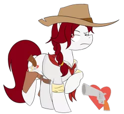 Size: 4350x4000 | Tagged: safe, artist:pencilsparkreignited, derpibooru import, oc, oc:point blank, unofficial characters only, earth pony, pony, braid, button up shirt, clothes, cowboy hat, cutie mark, female, gun, gunslinger, hat, holsters, image, mare, outlaw, png, reference sheet, revolvers, scarf, simple background, simple shading, transparent background, weapon, western