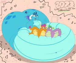 Size: 4908x4110 | Tagged: suggestive, artist:rupertbluefox, derpibooru import, princess ember, smolder, spike, dragon, series:how to gain your dragoness, belly, belly bed, belly button, big belly, blushing, cheek squish, chubby, chubby spike, cracks, descriptive noise, dialogue, dragoness, dragonlard ember, drink, eyes closed, fat, fat ass, fat fetish, fat spike, female, fetish, food, full mouth, hug, huge belly, image, immobile, implied spolder, impossibly large belly, incentive drive, looking at each other, lying down, male, morbidly obese, mug, obese, one eye closed, png, prone, sblobder, shipping fuel, squished, squishy cheeks, stuffing, tongue out, trio, weight gain, weight gain sequence, wide eyes