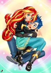 Size: 1000x1414 | Tagged: safe, artist:lord--opal, derpibooru import, flash sentry, sunset shimmer, equestria girls, blushing, clothes, female, flashimmer, human coloration, image, jacket, jpeg, leather jacket, male, open mouth, shipping, smiling, straight