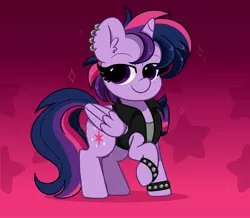 Size: 4096x3578 | Tagged: safe, artist:kittyrosie, derpibooru import, twilight sparkle, twilight sparkle (alicorn), alicorn, pony, abstract background, alternate hairstyle, clothes, ear piercing, earring, female, hoofband, image, jacket, jewelry, jpeg, mare, one hoof raised, piercing, punk, punklight sparkle, smug, solo