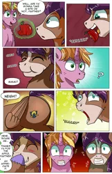 Size: 2036x3148 | Tagged: safe, artist:candyclumsy, author:bigonionbean, derpibooru import, oc, oc:fast hooves, oc:home defence, clydesdale, earth pony, pegasus, pony, unicorn, comic:the birth of speedy hooves, apple, burp, butt, comic, commissioner:bigonionbean, confused, cutie mark, dialogue, extra thicc, falling, flank, flashback, food, fusion, fusion:fast hooves, fusion:home defence, giggling, head shake, image, magic, male, neigh, nibbling, plot, png, shocked, stallion, surprised, thoughts, tripping, whinny, wing slap