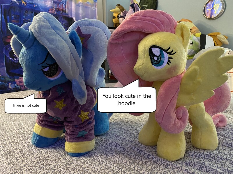 Size: 4032x3024 | Tagged: safe, artist:lumithekirin, derpibooru import, fluttershy, trixie, pegasus, pony, unicorn, alternate hairstyle, babysitter trixie, blatant lies, blushing, clothes, cute, diatrixes, dressup, hoodie, i'm not cute, image, jpeg, pigtails, plushie, shyabetes, third person