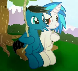 Size: 2048x1877 | Tagged: safe, artist:agkandphotomaker2000, derpibooru import, vinyl scratch, oc, oc:pony video maker, pegasus, pony, unicorn, bush, canon x oc, female, hill, image, jpeg, looking at each other, male, pegasus oc, rope, shipping, show accurate, straight, swing, tree, videoscratch, wings, wood