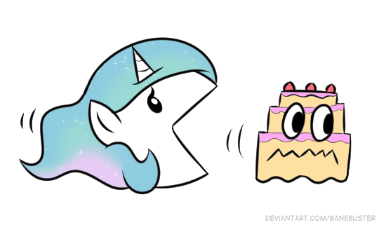 Size: 540x321 | Tagged: safe, artist:banebuster, derpibooru import, princess celestia, alicorn, ghost, pony, undead, series:tiny tia, cake, cakelestia, cute, cutelestia, food, image, jpeg, open mouth, pac-man, pacmanified, simple background, solo, white background