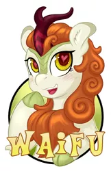 Size: 825x1275 | Tagged: safe, artist:hobbes-maxwell, derpibooru import, autumn blaze, kirin, badge, blushing, female, heart eyes, image, jpeg, simple background, solo, waifu, waifu badge, white background, wingding eyes