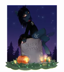 Size: 2039x2300 | Tagged: safe, alternate version, artist:splush23, derpibooru import, oc, ponified, ponified:oliver sykes, earth pony, pony, undead, zombie, zombie pony, bags under eyes, bone, bring me the horizon, candle, clothes, commission, fangs, grass, gravestone, image, leaning back, lip piercing, long sleeves, male, night, night sky, piercing, png, pumpkin, scar, shirt, sitting, sky, solo, stars, stitches, tattoo, tree, ych result