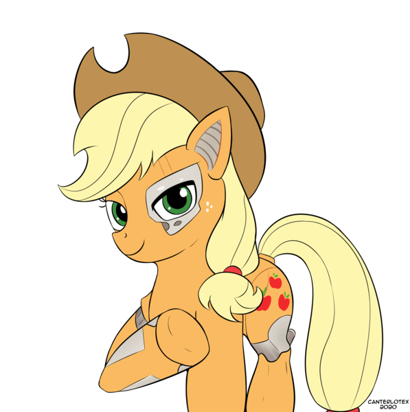 Size: 2903x2920 | Tagged: safe, artist:canterlotex, derpibooru import, applejack, cyborg, earth pony, pony, amputee, applejack's hat, commission, cowboy hat, female, freckles, hat, image, mare, png, prosthetic leg, prosthetic limb, prosthetics, raised hoof, simple background, solo, white background, ych result