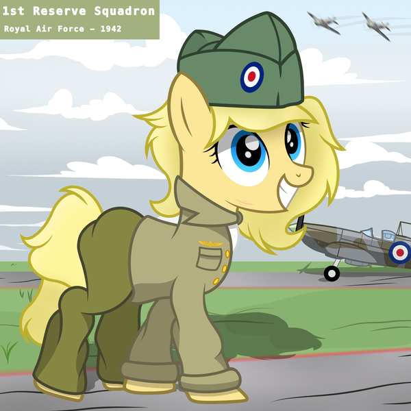 Size: 3500x3500 | Tagged: safe, artist:pizzamovies, derpibooru import, oc, oc:marie ace, unofficial characters only, earth pony, pony, series:ponies on the front, aircraft, britain, british, clothes, female, image, mare, png, royal air force, smiling, solo, supermarine spitfire, uniform, world war ii